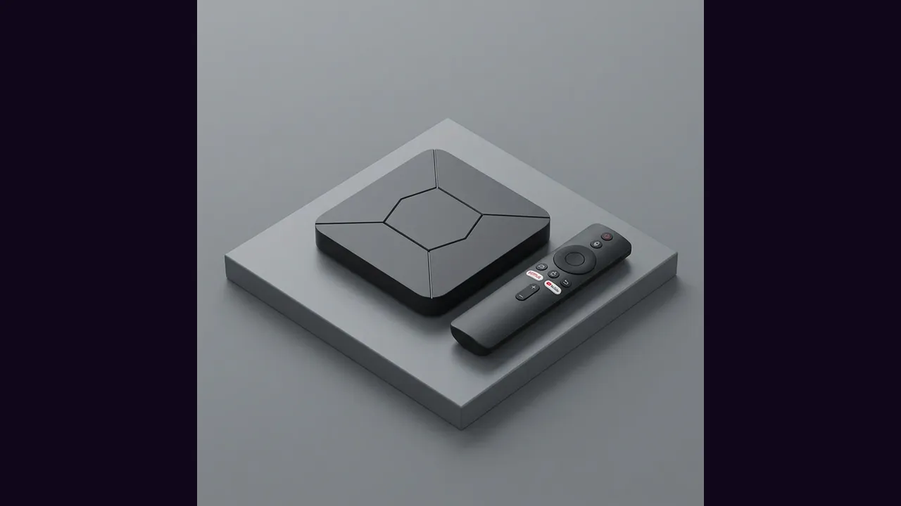 A small black TV box with a remote on a table
