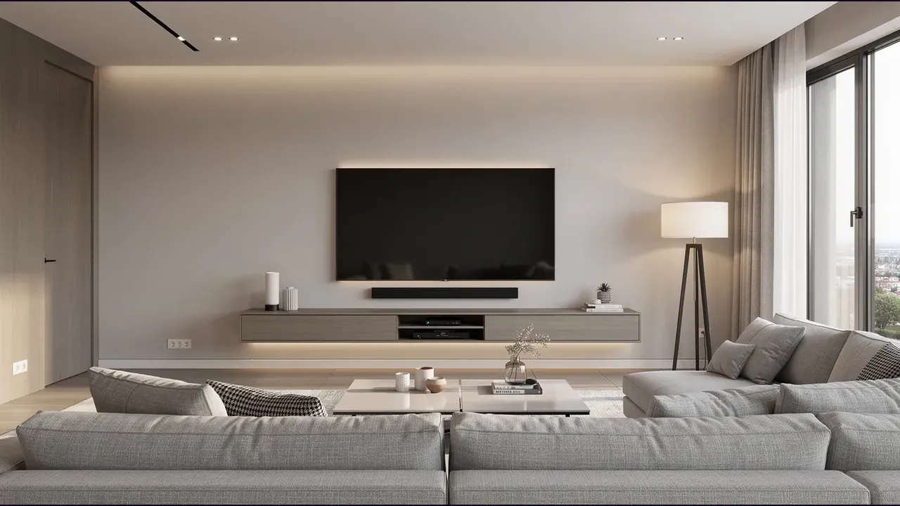 A modern living room with a large wall mounted television