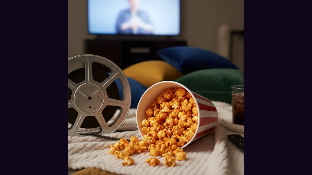 A bowl of popcorn beside a film reel on a table