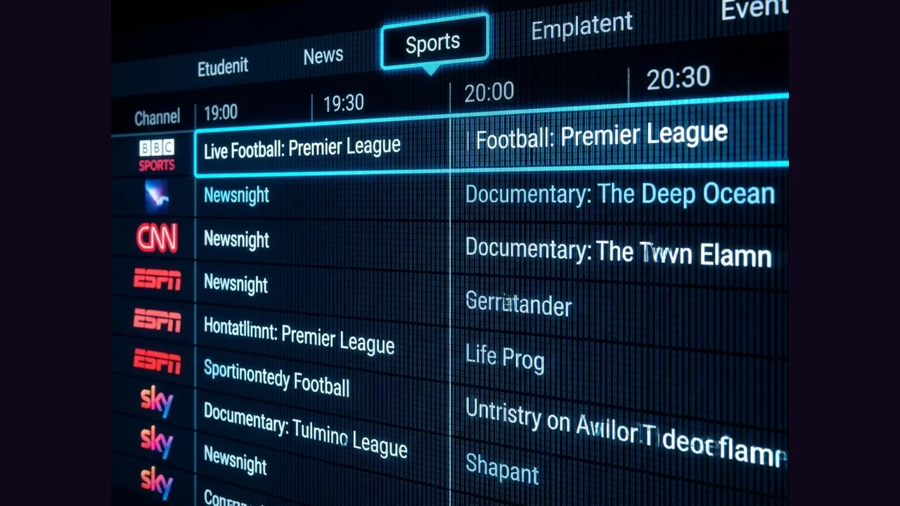 A television showing a sports channel guide list